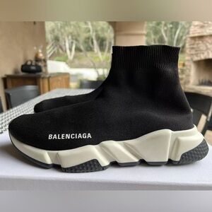 Balenciaga 10mm Mid Speed Sock Trainer Sneakers Shoes Black White Sole Sz 40